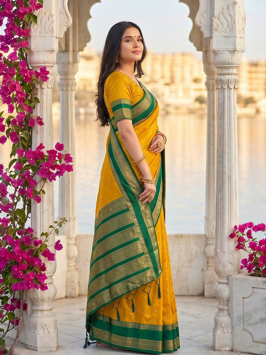 MUSTRD YELLOW SILK BLEND Saree With Blouse Piece