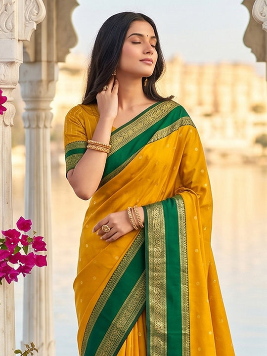 MUSTRD YELLOW SILK BLEND Saree With Blouse Piece
