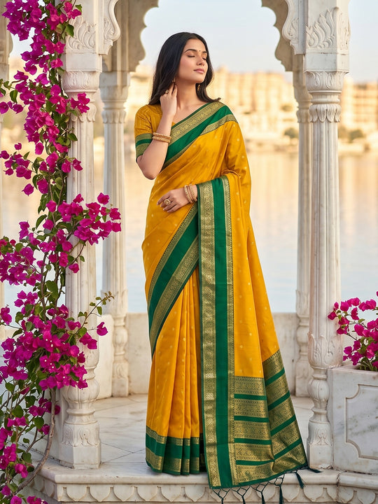 MUSTRD YELLOW SILK BLEND Saree With Blouse Piece