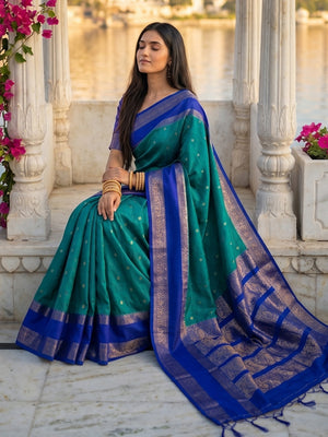 Rama Green  SILK BLEND Saree With Blouse Piece