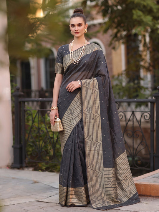 Black Cotton Blend Saree With Blouse Piece