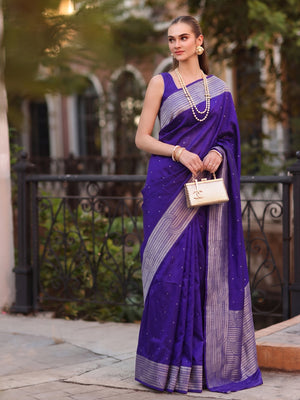 Royal Blue Cotton Blend Saree With Blouse Piece