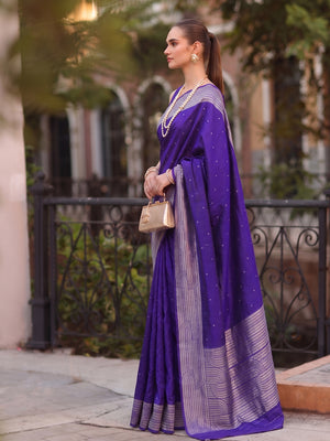 Royal Blue Cotton Blend Saree With Blouse Piece
