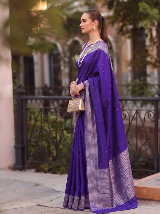 Royal Blue Cotton Blend Saree With Blouse Piece