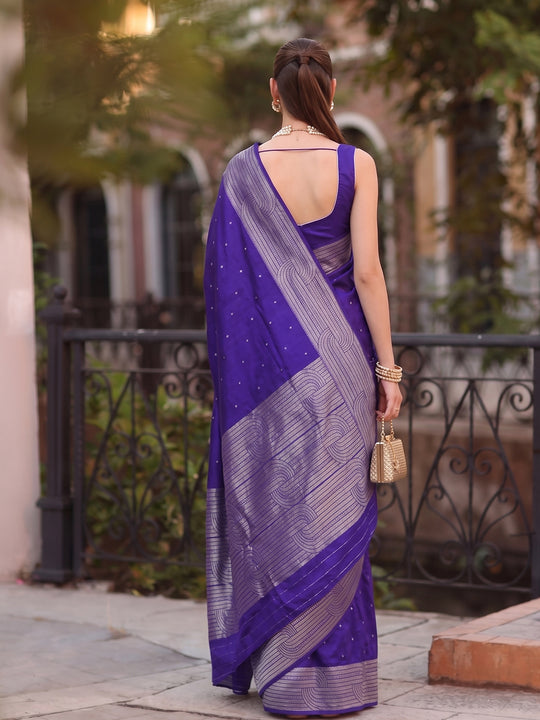 Royal Blue Cotton Blend Saree With Blouse Piece