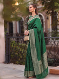 Deep Green Cotton Blend Saree With Blouse Piece