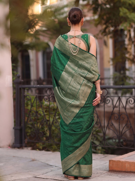 Deep Green Cotton Blend Saree With Blouse Piece