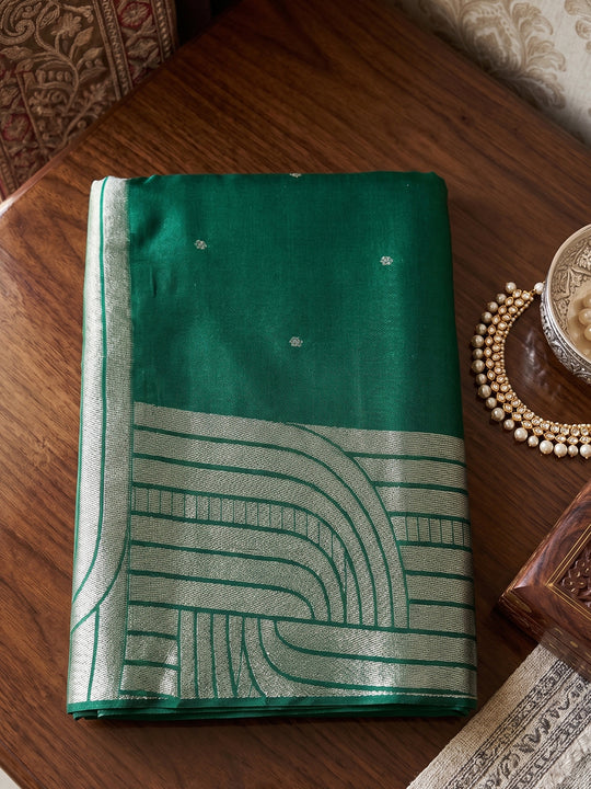 Deep Green Cotton Blend Saree With Blouse Piece
