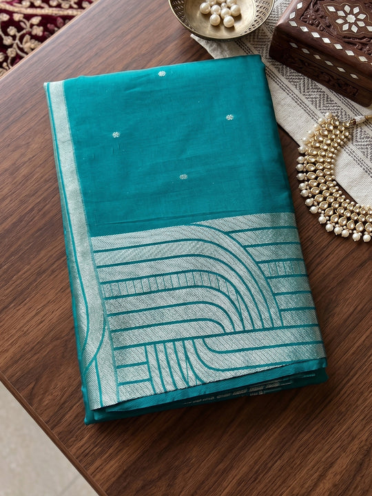 Rama Blue Cotton Blend Saree With Blouse Piece