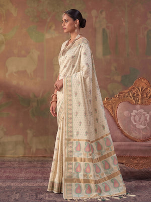Cream Soft Silk Saree With Blouse Piece
