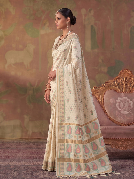 Cream Soft Silk Saree With Blouse Piece