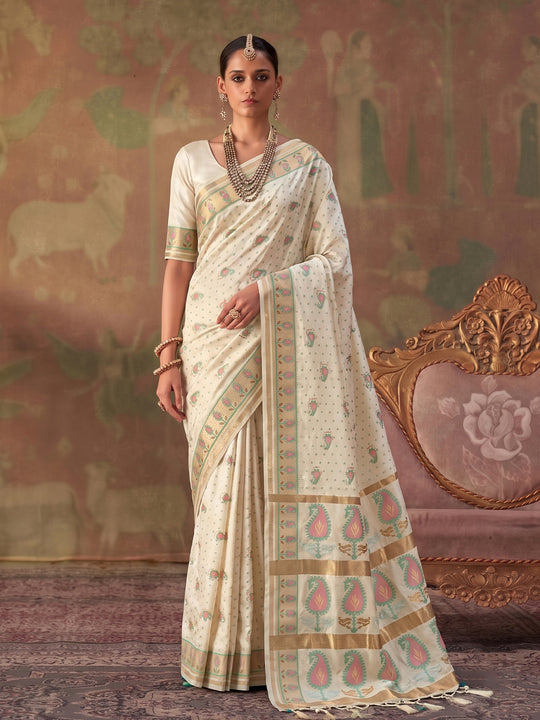 Cream Soft Silk Saree With Blouse Piece