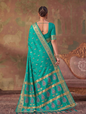 Sea Green Soft Silk Saree With Blouse Piece
