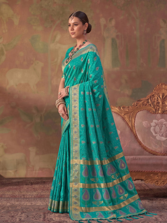 Sea Green Soft Silk Saree With Blouse Piece