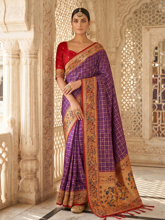 Purple Banarasi Silk Saree With Blouse Piece