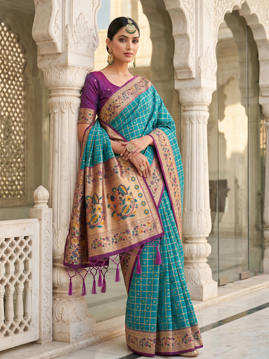Turquoise Banarasi Silk Saree With Blouse Piece