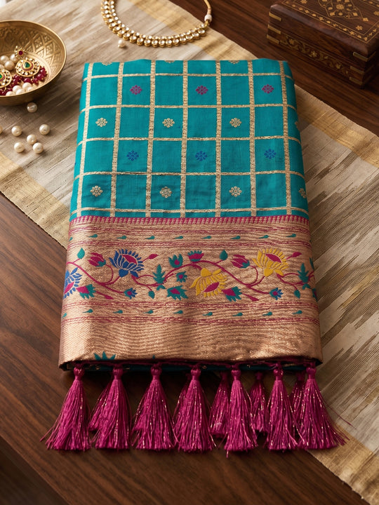 Turquoise Banarasi Silk Saree With Blouse Piece