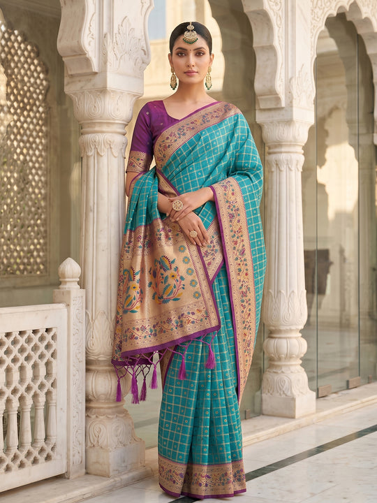 Turquoise Banarasi Silk Saree With Blouse Piece
