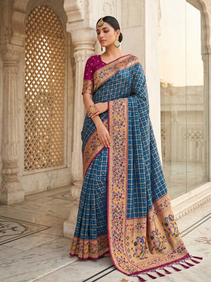 Blue Banarasi Silk Saree With Blouse Piece