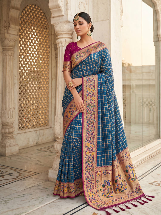 Blue Banarasi Silk Saree With Blouse Piece