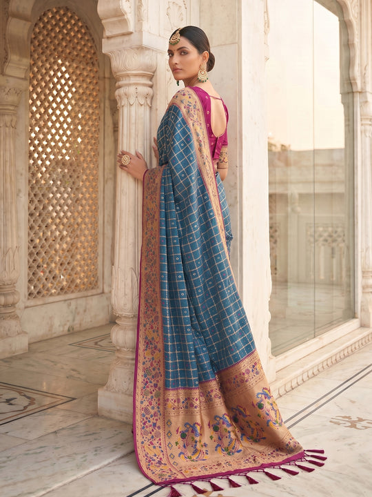 Blue Banarasi Silk Saree With Blouse Piece