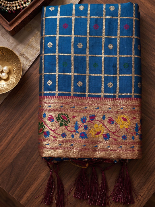 Blue Banarasi Silk Saree With Blouse Piece