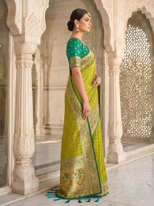 Green Banarasi Silk Saree With Blouse Piece