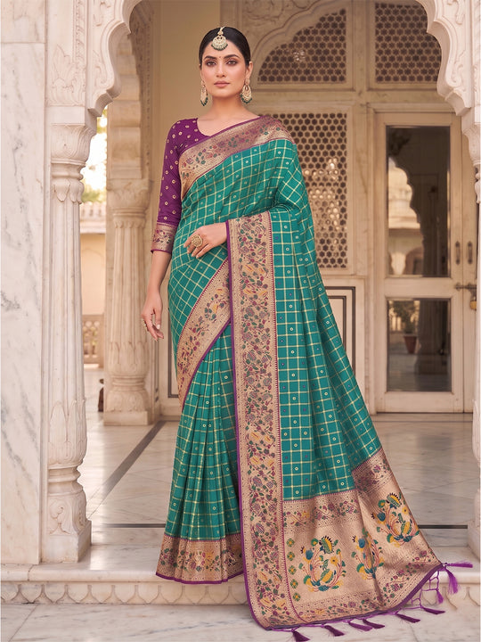 Rama Green Banarasi Silk Saree With Blouse Piece