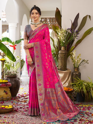 Pink Soft Silk Saree With Grey Blouse Piece