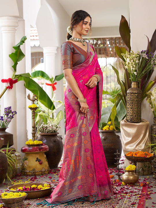 Pink Soft Silk Saree With Grey Blouse Piece