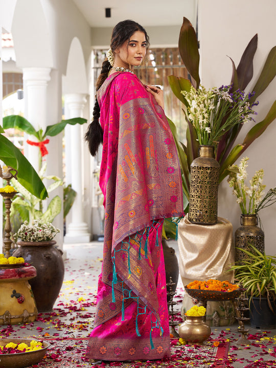 Pink Soft Silk Saree With Grey Blouse Piece