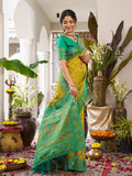 Mustrd Yellow Soft Silk Saree With Green Blouse Piece