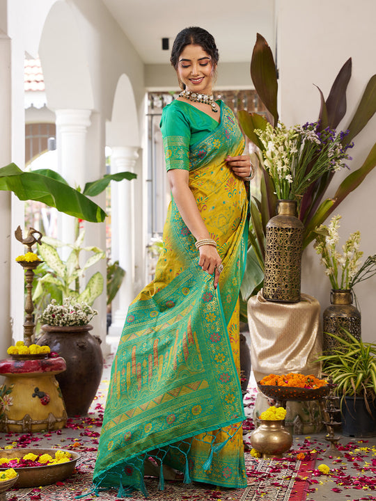 Mustrd Yellow Soft Silk Saree With Green Blouse Piece