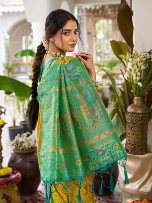 Mustrd Yellow Soft Silk Saree With Green Blouse Piece