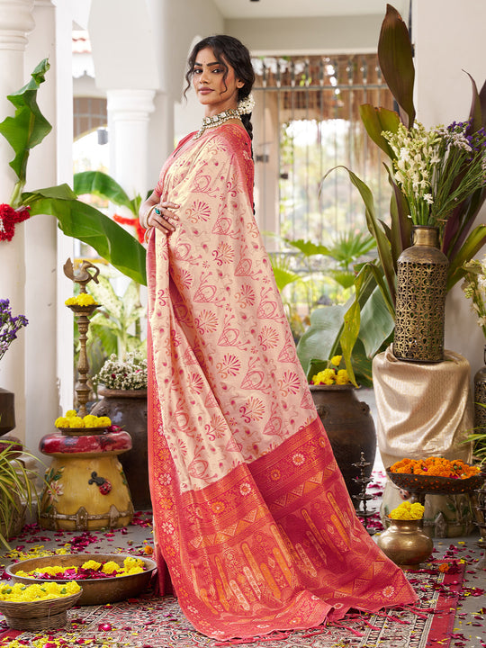 Cream Soft Silk Saree With Red Blouse Piece