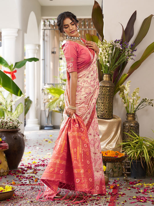 Cream Soft Silk Saree With Red Blouse Piece