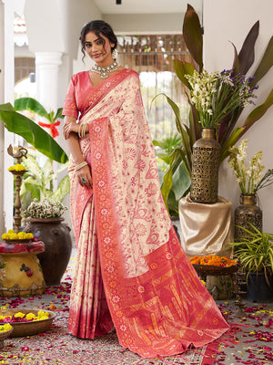 Cream Soft Silk Saree With Red Blouse Piece