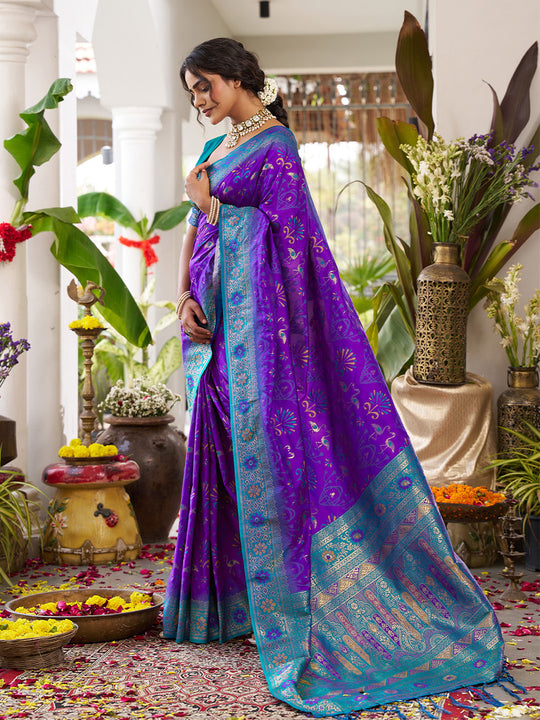 Violet Soft Silk Saree With Teal Blue Blouse Piece