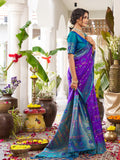 Violet Soft Silk Saree With Teal Blue Blouse Piece