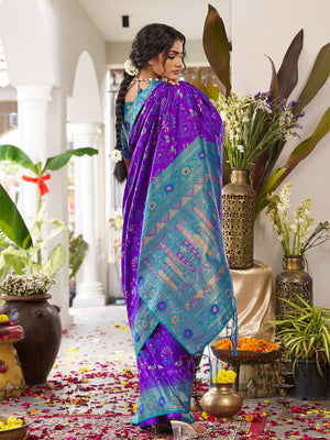 Violet Soft Silk Saree With Teal Blue Blouse Piece