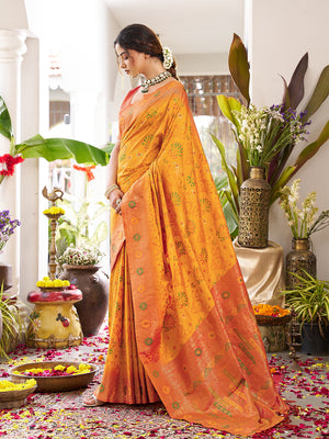 Yellow Soft Silk Saree With Orange Blouse Piece