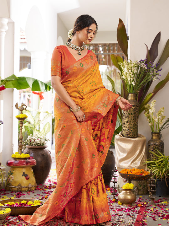 Yellow Soft Silk Saree With Orange Blouse Piece