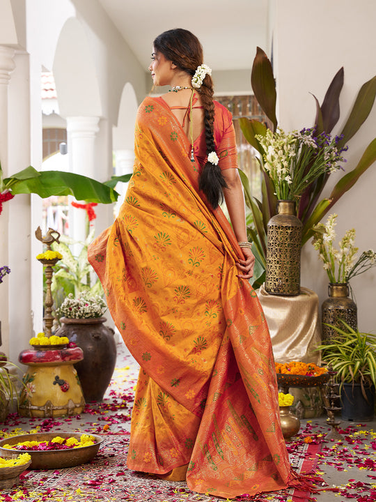 Yellow Soft Silk Saree With Orange Blouse Piece