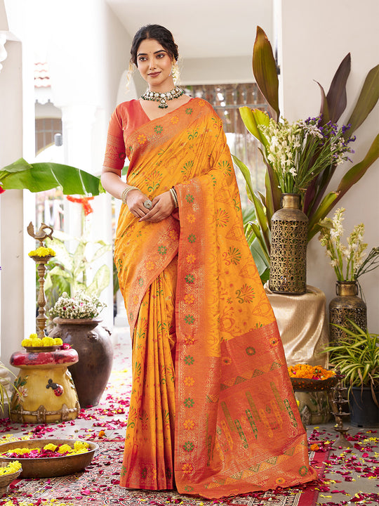 Yellow Soft Silk Saree With Orange Blouse Piece