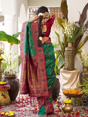 Green Soft Silk Saree With Marron Blouse Piece