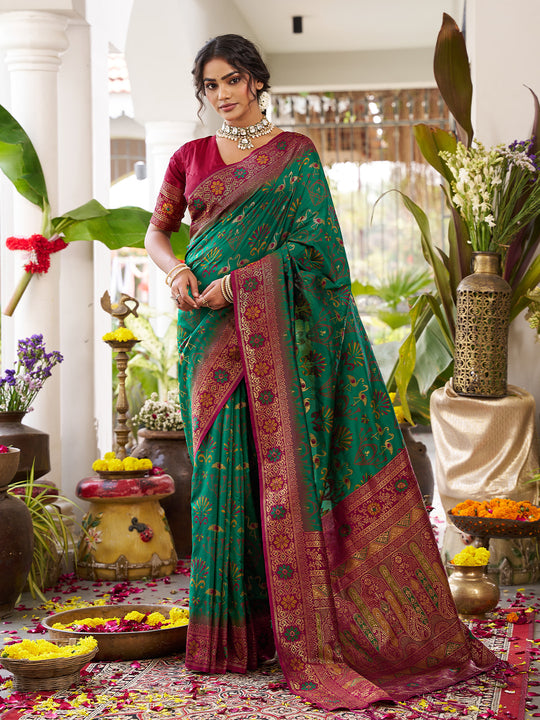 Green Soft Silk Saree With Marron Blouse Piece