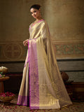 Cream Kanchivaram Silk Saree With Blouse Piece