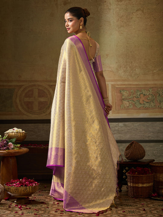 Cream Kanchivaram Silk Saree With Blouse Piece