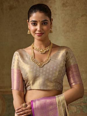Cream Kanchivaram Silk Saree With Blouse Piece