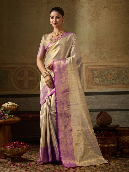 Cream Kanchivaram Silk Saree With Blouse Piece